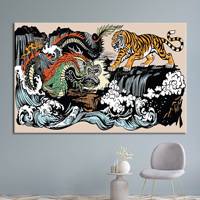Elegantes japanisches Art-Deco-Panel mit Tiger- und Drachenmotiv, auf Leinwand gedruckt, gerahmt, Wanddekoration