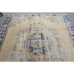 พรมขนสัตว์สไตล์ตุรกีวินเทจ, สีเบจสีน้ำเงิน6'1 "x 8'5" "ผืนใหญ่ทรงสี่เหลี่ยมผืนผ้าลายแอบสแตรกสำหรับพรมห้องโถงยาง - Product Image 5