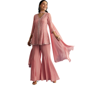 <b>Pink</b> Chinon Kurta Set With Choker Style Dupatta Wholesale Women Ethnic Apparel OEM Factory Supplier Custom Festive Party Outfit - Product Image 1