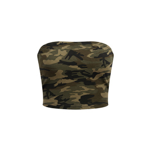Top corto informal de punto con estampado de camuflaje para mujer, con lazo y ribete de encaje - Product Image 1