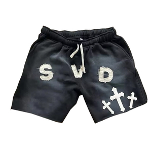 Meilleure qualité hommes Streetwear sueur court soleil délavé coton français éponge appliques détresse broderie Vintage lavage à l'acide court - Product Image 1