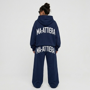 Conjunto Deportivo de Dos Piezas para Mujer, Sudadera con Capucha de Felpa Azul Marino, Pantalones Anchos con Estampado Gráfico, Ropa Casual de Calle - Product Image 2