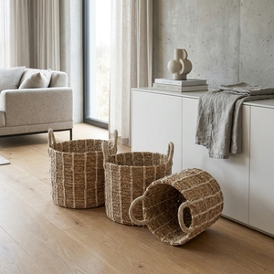 Ensemble de paniers de rangement en herbe naturelle Mendong, avec pot cylindrique vertical à poignée arquée et rayures blanches, pour une décoration artistique pure de la pièce - Product Image 5