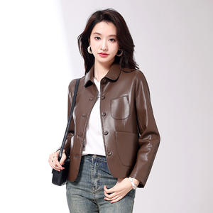 Veste en cuir PU réversible pour femmes pour automne hiver fermeture à bouton unique Style Moto Logo avant bouton décoratif solide - Product Image 2