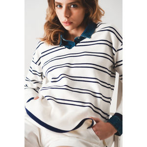 Suéter Blanco Informal de Punto con Rayas Azul Marino, Transpirable, Talla XS, para Invierno, con Decoración de Logotipo Frontal - Product Image 1