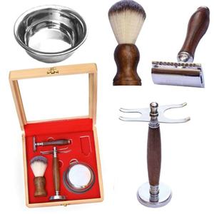 Juego de afeitado de 4 piezas para hombres, maquinilla de afeitar de seguridad de doble filo con cepillo sintético negro, mango de madera para el cuidado de la cara y el cabello - Product Image 1