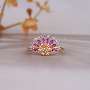 แหวนเงิน925ประดับด้วยพลอยทับทิมสวย14k ประดับด้วยทองคำ | อัญมณีที่มีชีวิตชีวาสำหรับผู้หญิงหนึ่งในเครื่องประดับประเภทหนึ่ง - Product Image 6