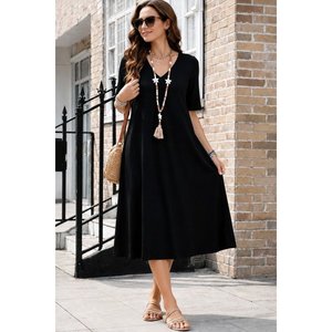 Women's Short-Sleeved V-Neck Midi <b>Viscose</b> <b>Dress</b> with Pocket Detail, 34746 - Black - Product Image 1