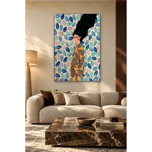 Fida Woman in Gold Patterned Dress on Blue Leaf Background <b>Canvas</b> Print - Product Image 4