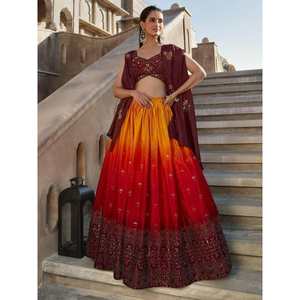 ชุดเลเฮนกาโชลีงานแต่งงานผ้าจอร์เจตสีส้มสวยงามสำหรับเด็กผู้หญิง พร้อมงานปักกระจกสีไวน์ ชุดแต่งงานและชุดเดรส - Product Image 4