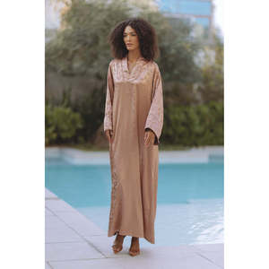 Elegant Floor-Length Amiya Jacquard <b>Kaftan</b> in Rose Gold Satin-One <b>Size</b> <b>Plus</b>-<b>Size</b> Party Wear - Product Image 3