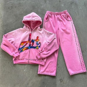 Streetwear personnalisé avec pierres précieuses Rhinestone Baggy Hoodie et pantalon de survêtement Sun Faded Dtg Print Heavyweight Hoodie Set Tracksuits pour hommes - Product Image 5