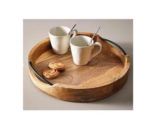 Plateau de service rond en bois de qualité supérieure plateau de cuisine rustique avec poignées en métal pour thé café bureau décoratif - Product Image 1