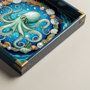 Plateau de service carré en bois Meena, artisanat indien, motif pieuvre océanique, fait main, biodégradable, décoratif, décoration d'intérieur haut de gamme, luxe - Product Image 3