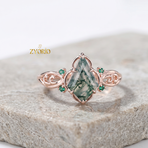 Pear Cut Moss Agate Engagement <b>Ring</b> <b>925</b> Sterling <b>Silver</b> Emerald Accent <b>Ring</b> Vintage Scrollwork Nature Inspired Promise <b>Ring</b> - Product Image 4