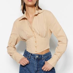 เสื้อเชิ้ตสตรีหรูหราคุณภาพระดับพรีเมียม100% สำหรับเครื่องแต่งกายในฤดูร้อนพิมพ์โลโก้แบบหลวมสีพื้นเรียบ - Product Image 1