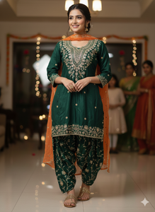 Traje Punjabi de Diseño con Bordado Georgette y Lentejuelas, Top, Dhoti y Dupatta, Verde, para Invierno y Verano, Protección Solar, Secado Rápido - Product Image 5