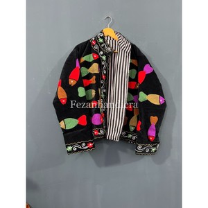 Veste courte bohème unisexe en velours avec doublure en coton et broderie florale ouzbèke pour femme, col montant, automne/hiver - Product Image 5