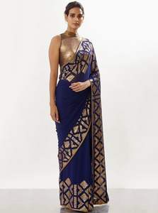 Sari de trabajo de secuencia bordada Georgette azul marino con estilo moderno con pieza de blusa para fiestas de boda para damas - Product Image 3