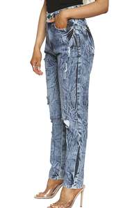 2023 OEM mujeres damas desgastadas cintura alta tobillo acanalado algodón Denim Jeans al por mayor para mujeres ODM - Product Image 2