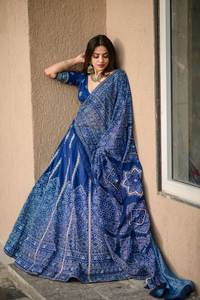 Gujarati Cultural Style Bandhani Printed Vaishali <b>silk</b> <b>Fabric</b> Blue Color Embroidery Gorgeous Chaniya Choli With Dupatta Set - Product Image 5