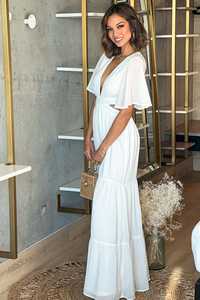 2025 vacances Look nouveau bohème longue élégante col en V vacances demi manches avec des niveaux été décontracté dames blanc Maxi robe - Product Image 3