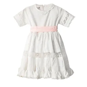 Connect Lace Baby Girl Cotton Dress  White Short Sleeves  Pink Belt Princess Style 2024 Collection - Durra Dress