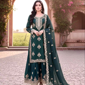Conjunto de Ropa Étnica India de Moda para Fiestas, Kurti Bordado Completamente Cosido con Pantalones Anchos para Invitados de Boda - Product Image 1