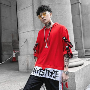 เสื้อฮิปฮอปแขนยาวครึ่งแขนมีฮู้ดสำหรับผู้ชายเสื้อฮิปฮอปแบบสวมหัวมีเชือกผูก - Product Image 4