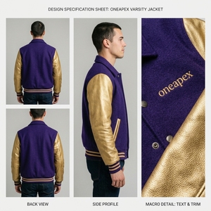 เสื้อแจ็คเก็ต Letterman สีม่วงทอง ตัวเสื้อทำจากผ้าขนสัตว์ แขนเสื้อถักแบบริบ คอปกและปลายแขนเสื้อถักแบบริบ ติดกระดุมแป๊กด้านหน้า โลโก้สั่งทำได้ เสื้อผ้าสตรีทแวร์ เสื้อคลุมสำหรับผู้ชาย - Product Image 5
