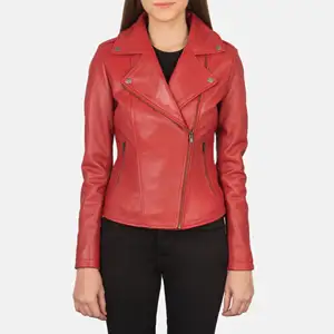 Real Leather Sheepskin Aniline Zipper Flashback Red Women Biker Jacket with Quilted Viscose Lining and Inside Outside Pockets