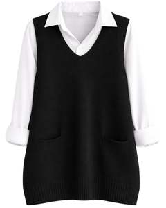 Black <b>Womens</b> Knitted Sleeveless Sweater <b>Vest</b> V Neck Acrylic Winter Pullover Casual Office Layering Custom Manufacturer OEM <b>Women</b> - Product Image 1