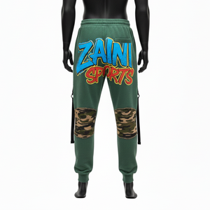 High Quality Premium Cotton Polyester Fleece Jogger Pant <b>Green</b> With Camo Knee Panels Screen Print Logo <b>men's</b> Jogger Pant - Product Image 2