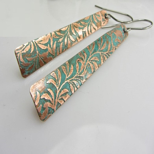 1995 European Embossed Two Tone Copper Rectangle <b>Earrings</b> Turkish Christmas Nigerian Blue <b>Long</b> Antiqued Copper Leaf <b>Earrings</b> - Product Image 2