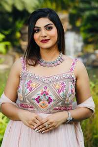 Belle traditionnelle indienne Anarkali longue robe de fête de mariage porter Georgette & Net matériel véritable miroir broderie séquence travail - Product Image 5