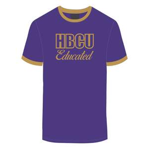 HBCU Educated <b>Men</b> Chenille Contrast Trim Ringer T <b>Shirt</b> Purple with <b>Gold</b> Embroidered Letters Soft Cotton Collegiate Apparel - Product Image 2