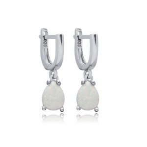 Boucles d'oreilles pendantes en argent sterling 925 turc faites à la main, avec opale blanche taillée en perle, design solitaire, vente en gros - Product Image 1