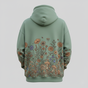 Sweat à capuche unisexe en coton 100% avec motif de champignons et de fleurs sauvages, style Cottagecore, vert sauge, coupe régulière, streetwear, polaire d'hiver - Product Image 6