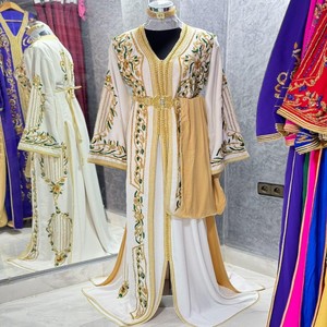 Elegante Caftán Marroquí de Seda Satinada, Natural, Transpirable, Antiarrugas, con Estampado Floral, Largo hasta el Suelo, Vestido Blanco Takchita para Mujer, para la Noche - Product Image 1