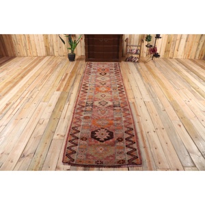 2.8x10.2 ft Rug, Vintage Turkish Rug, Red <b>Brown</b> Polka dot <b>Wool</b> Rug - Product Image 1