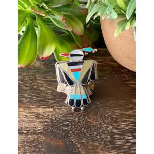 Zuni Handmade Multi-Color Turquoise Sterling Silver Inlay Ring Thunderbird Design Geometric Pattern Size 7.75 Everyday Wear - Product Image 1