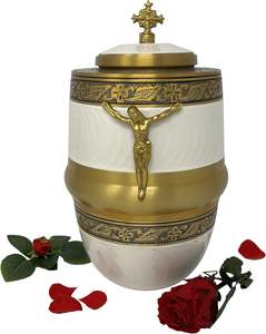 Urna de cremación de latón Royal European para cenizas Funeral Gold y While Esmaltada Urnas grandes para adultos Suministros al por mayor - Product Image 1