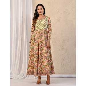 Vestido Anarkali de Algodón Estampado Peach Jaal, Elegante, con Cuello Cuadrado, Estilo Imperio, 100% Algodón, para Bodas y Fiestas, Talla 5XL, Largo hasta el Suelo/Hasta la Rodilla - Product Image 3