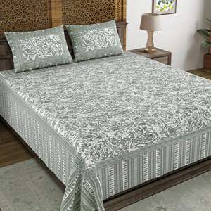 BLOCKS of INDIA Sanganeri Imprimir Algodón Viscosa Economía King Size Sábana 225X270 CM DOB_BED_AURA_JAAL_GREY Sábanas planas ajustadas - Product Image 3