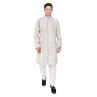 Ensemble Kurta Pajama en Soie Artisanale de Designer | Tenue ethnique indienne traditionnelle brodée en satin à manches longues pour homme, coupe classique