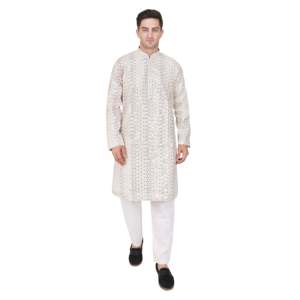 Ensemble Kurta Pajama en satin brodé pour homme TRILOKI, vêtements ethniques traditionnels indiens en soie artificielle pour mariage, avec paillettes - Product Image 3