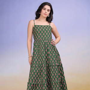 เดรสแม็กซี่แขนกุดพิมพ์ลายของผู้หญิง, เดรสผ้าคอตตอนผสมมีระบายพิมพ์ลายบาน - Product Image 1