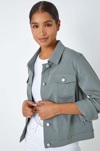 Women's Light Green Utility <b>Jacket</b> Turn-down Collar Three Quarter Sleeve Cotton Breathable Spring Short Length Button Closure - Product Image 4