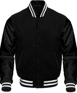 Veste universitaire noire en laine mélangée pour hommes, manches en cuir pour l'hiver, poids standard Letterman Rib Knitting Quilted Front Logo - Product Image 1