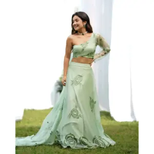 Ensemble Lehenga en organza vert peint à la main pour femmes Raina - Vêtements élégants pour femmes - Product Image 1